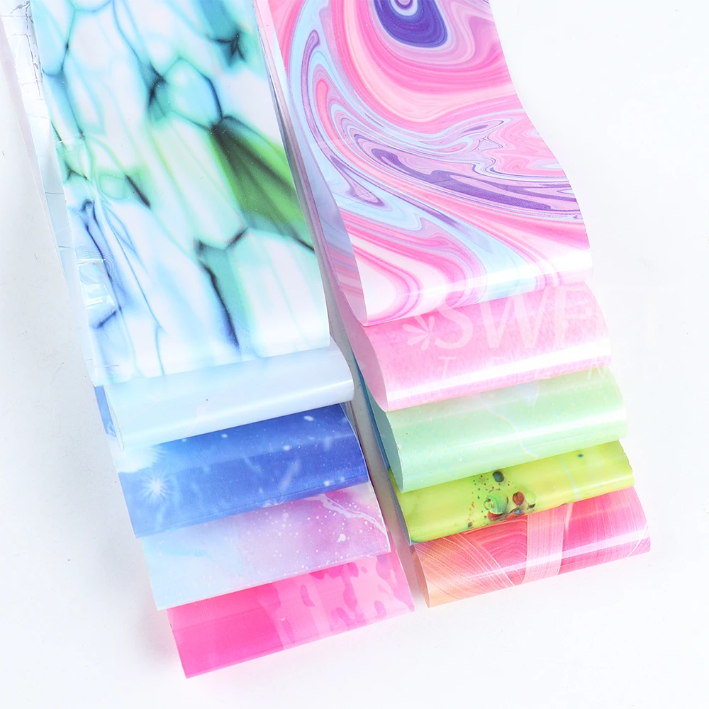 10pcs/set Rainbow Marble Nail Art Transfer Foils Stickers Blooming Ink Textured Starry Paper Summer Classic Decal Manicure Decor