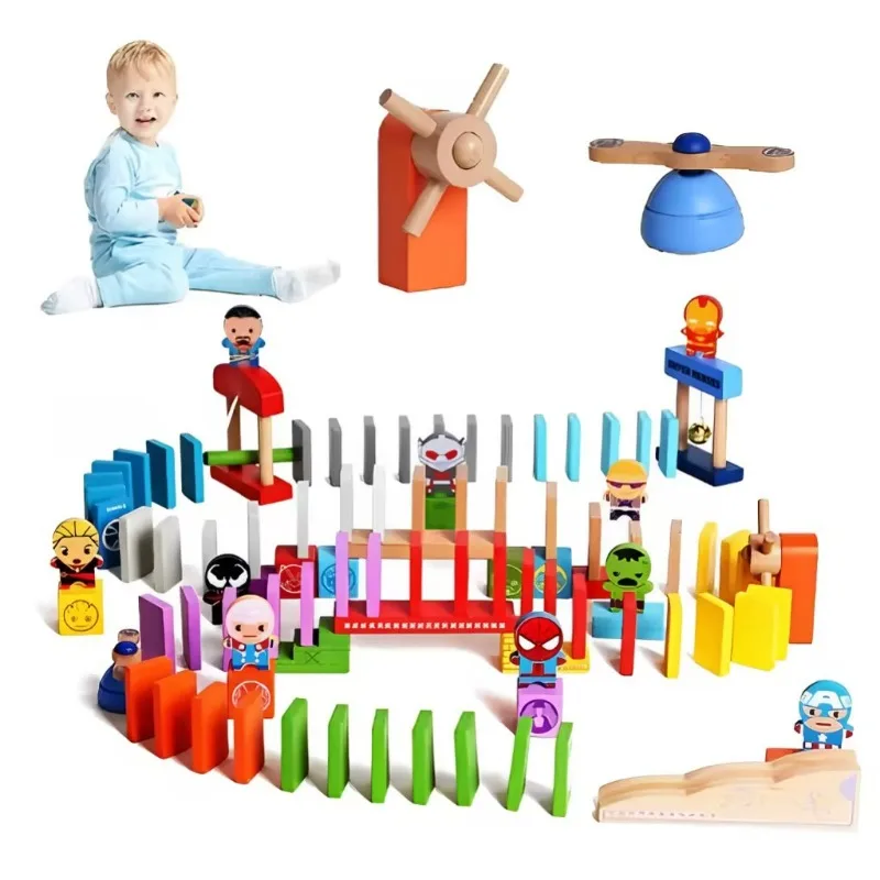 나무 메커니즘 도미노 세트, 슈퍼 히어로 브레이크아웃 빌딩 블록 장난감, DIY 도미노 빌딩 세트, 스템 퍼즐 장난감, 몬테소리 게임