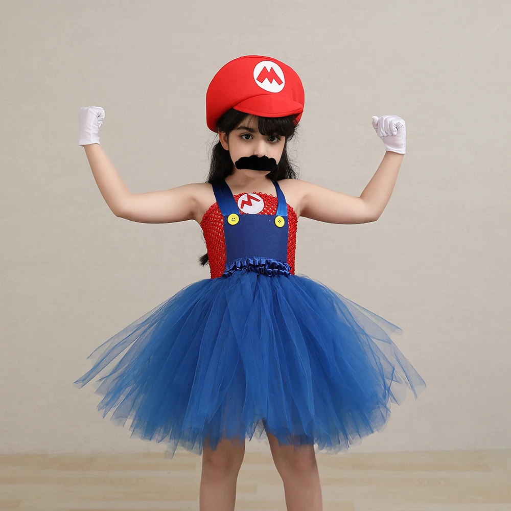 Super Bros Costume for Girls Halloween Party Dresses Kids Anime Cartoon Cosplay Clothes Children Fancy Tutu Dress with Hat Beard
