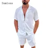 Plus Size Mens Casual Linen Two Piece Sets 2024 Europe Style Vintage Tops Blouse and White Shorts Suit Male Beach Tracksuits Set 1