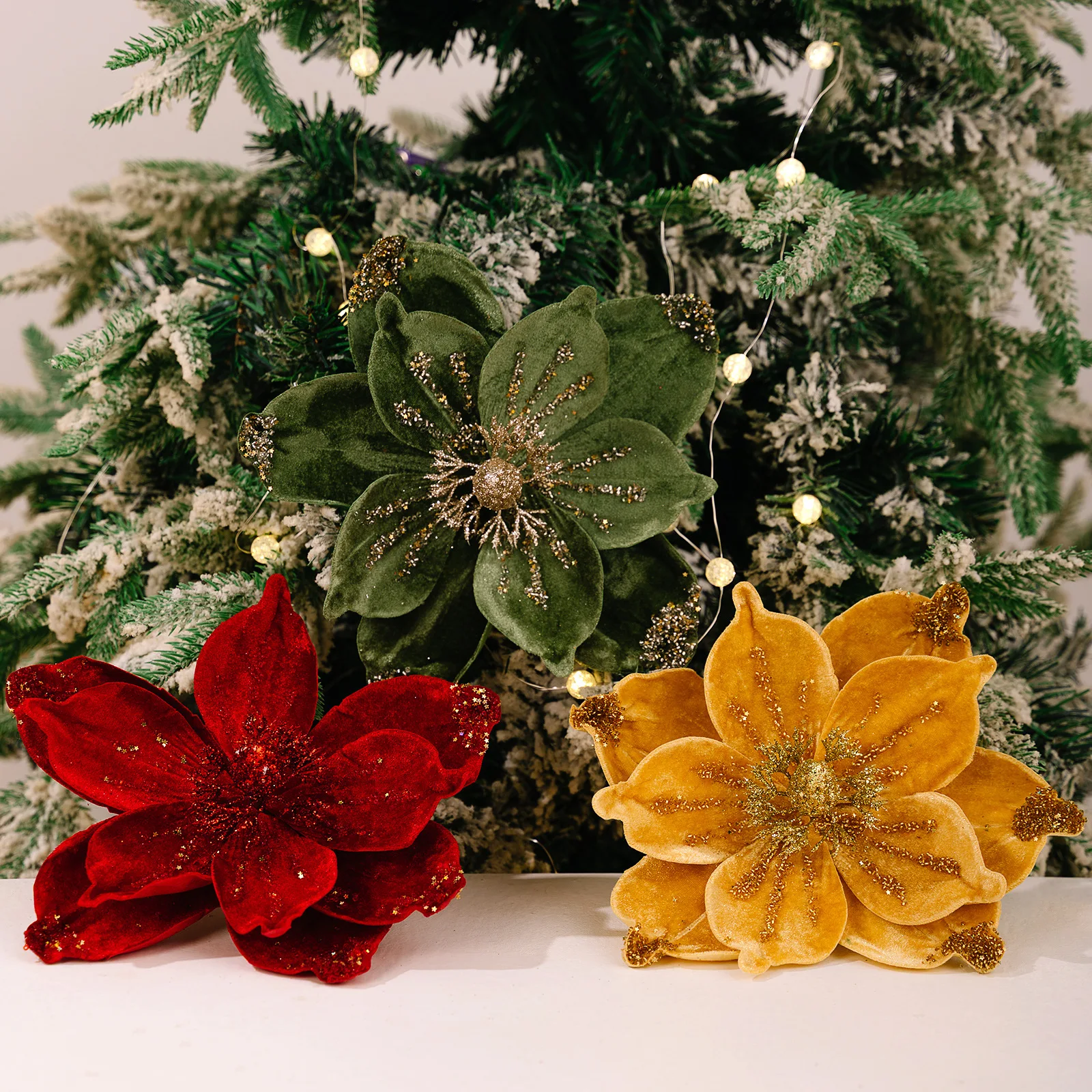 Gold Glitter Christmas Flower Decor - Flocked Fabric Holly Sprig with Glitter for Tree Wreath & Holiday Arrangements