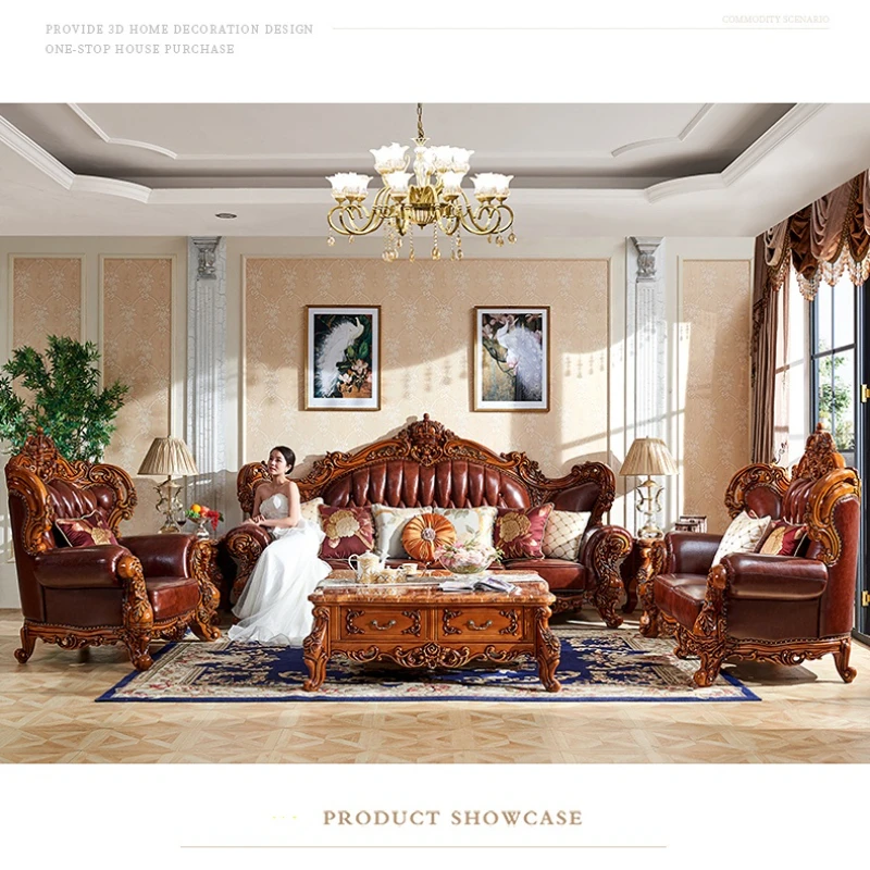 

European Style Sofa Solid Wood Genuine Leather 123 Combination Small Family Sofa Luxury Villa Large Family Living Room 124 Sofa