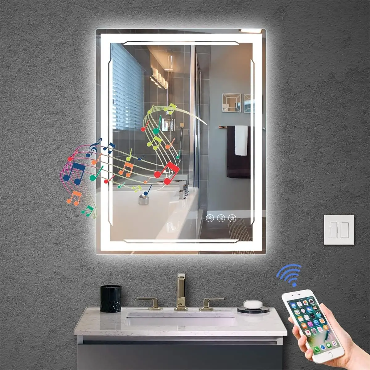 24x32 Lighted Bathroom Mirror with Bluetooth Speaker-Smart LED Makeup Wall Mounted Mirrors-3 Lights Setting Anti-Fog