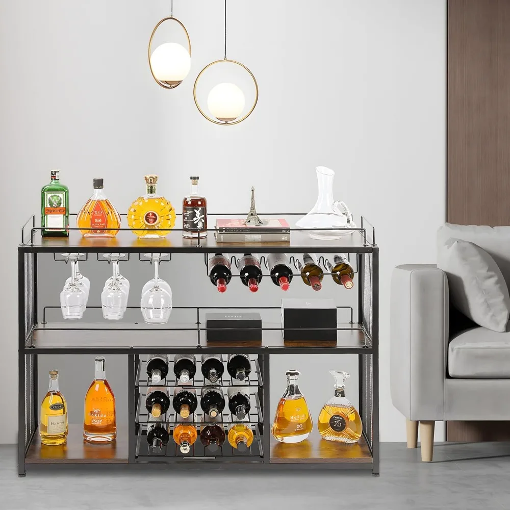 Wine Bar Cart Home Bar Serving Cart 3 Tier Drink with 17 Wine Bottle Racks Liquor Beverage for Kitchen Dining Room