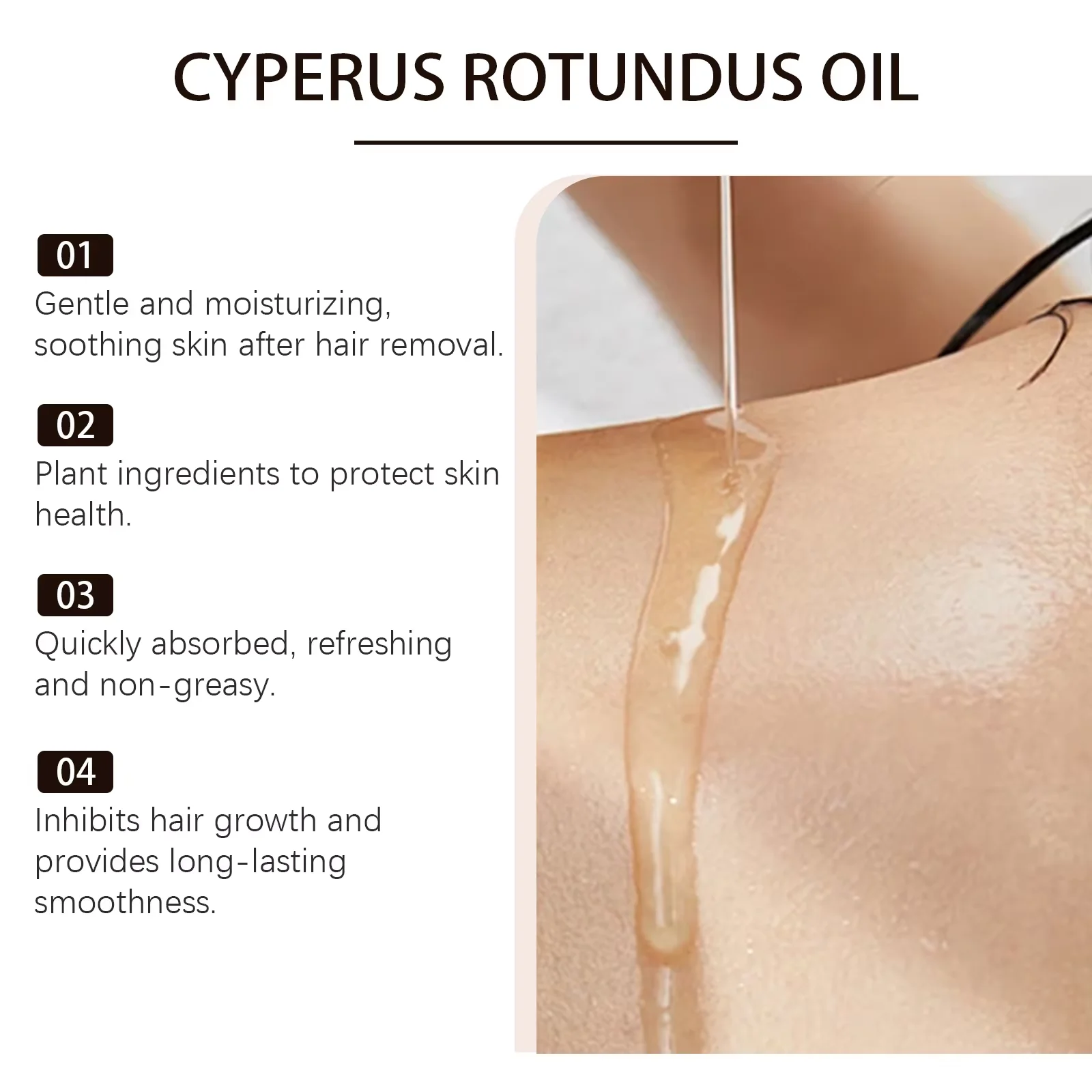 Huile dépilatoire Cyperus Rotundus : Hydratante, douce et indolore, elle hydrate et ralentit la repousse des poils dans le corps, les aisselles, les jambes et les bras._voghion.com