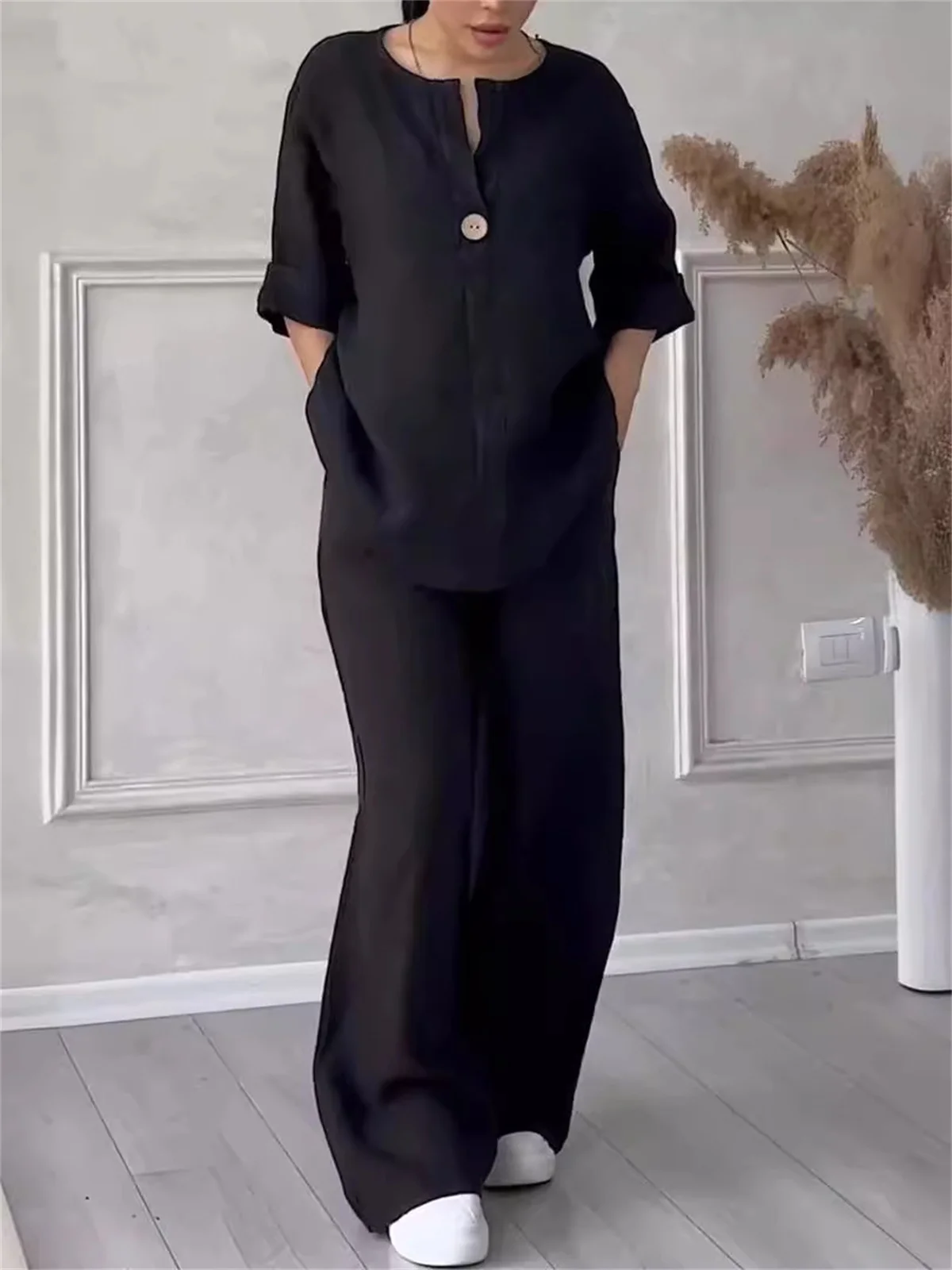 Women Casual Solid V Neck Set Fashion Autumn Spring Two piece Set Cotton and Linen Sets Shirt Top Wide-leg Pant Long Sleeve Suit
