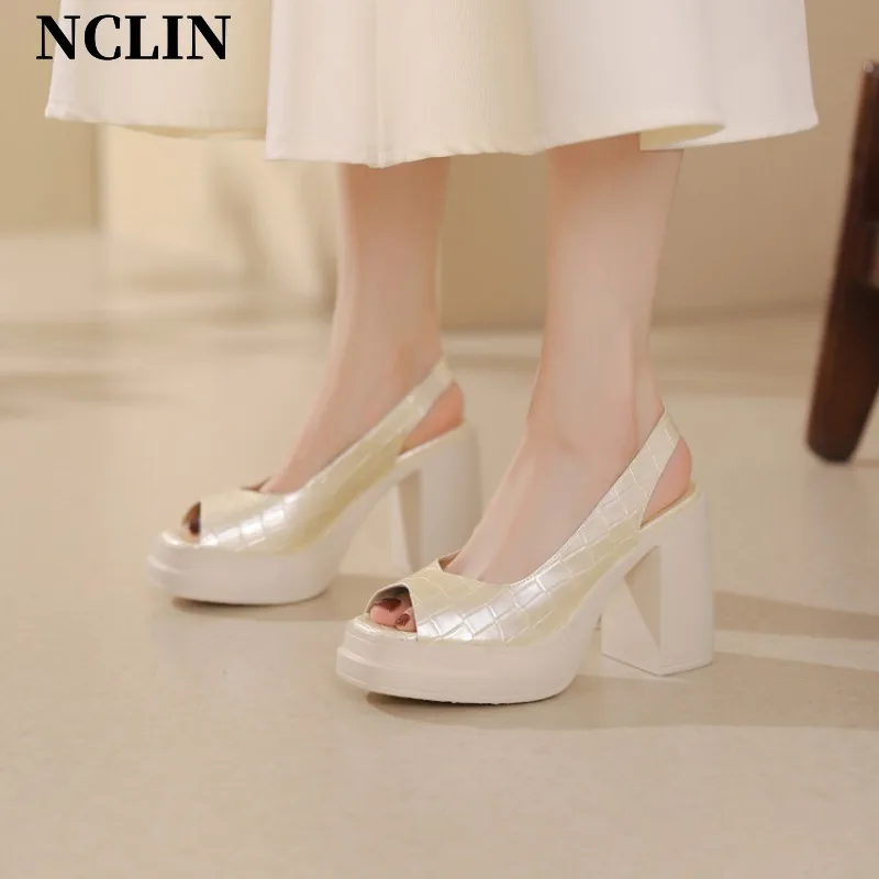 

New Women Sandals Chunky Heel SLIP-ON Platform Sandals Genuine Leather Pumps For Women Summer Casual Peep Toe Shoes Women's