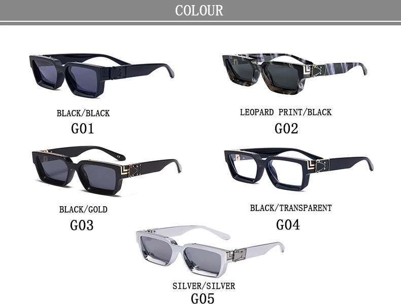 A selection of the "Sunglasses For Men Vintage Sunglasses Women Luxury Designer Square Glasses Oculos Dropshipping Lentes Gafas Lunette" is displayed with five distinct styles, each identified by color and code: G01 (black/black), G02 (leopard print/black), G03 (black/gold), G04 (black/transparent), and G05 (silver/silver). Every pair boasts rectangular frames and ensures reliable UV400 protection.