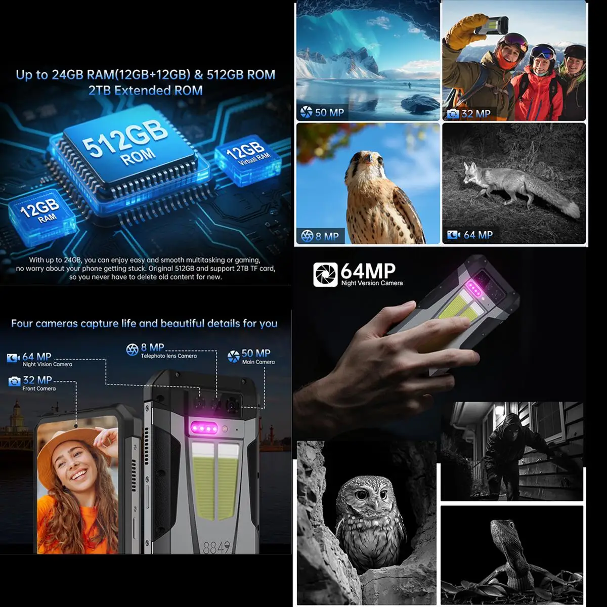 Unihertz 8849 Tank 4 Night Vision Projector Rugged Phone 12GB+512GB 6.78'' Android 14 Dimensity 7300 11600mAh NFC 5G Snartphone