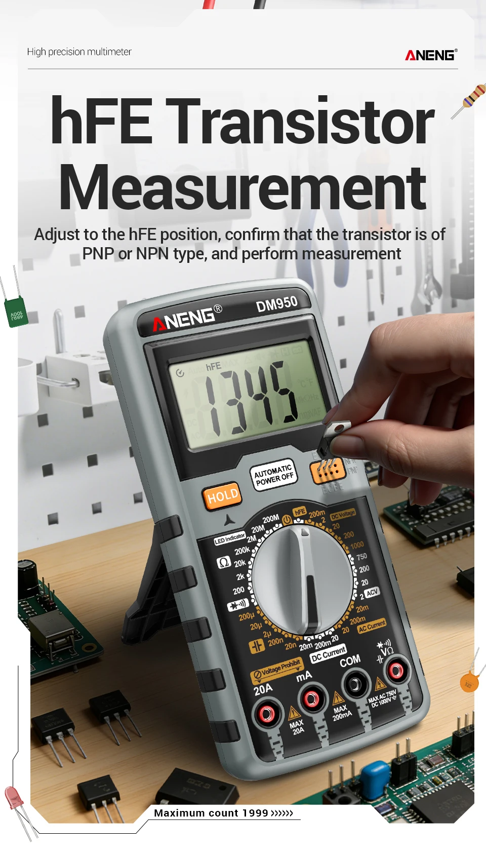 ANENG DM950 Handmultimeter mit 1999 Anzeigen für AC/DC-Spannung, Strom, Ohm, Kapazität, NCV, HFE-Detektor, Elektrikerwerkzeug – Detail 5