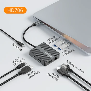 7 in 1 USB C Hub with DP+HDMI:4K 60Hz/ 2*USB-A 3.2/ USB-C 3.2/ 1000Mbps RJ45/ PD 100W Compatible with Tablet/Laptop/phones 2