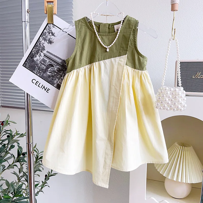 

2023 Summer New Arrival Girls Sleeveless O Neck Patchwork Apricot Cute Roupa Infantil Menina Cute Party Dress Custume 18M-7T