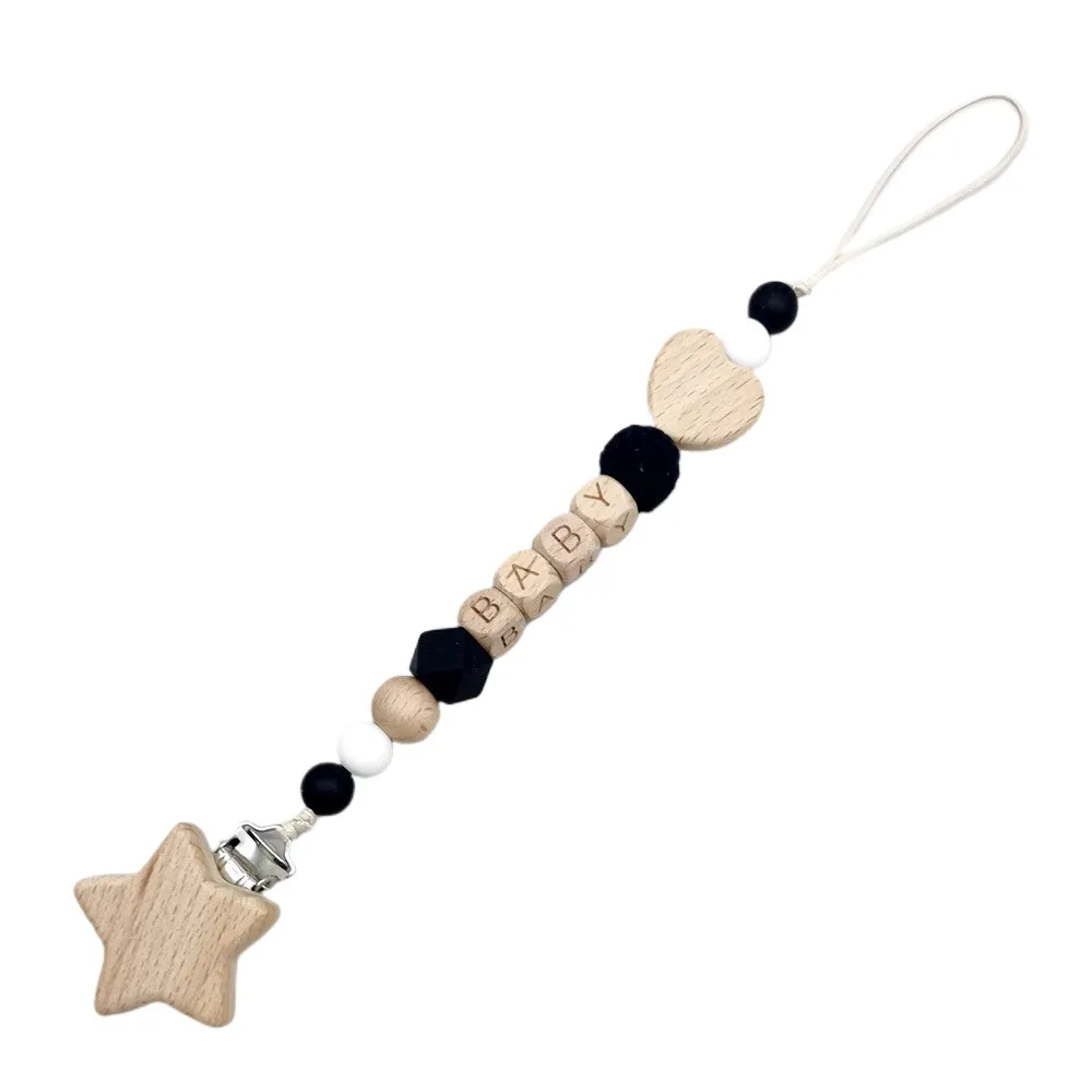 Star Customized Baby Pacifier Clip Chain Personalized Name Silicone & Wood Beads, Baby Anti-Lost Soother Holder