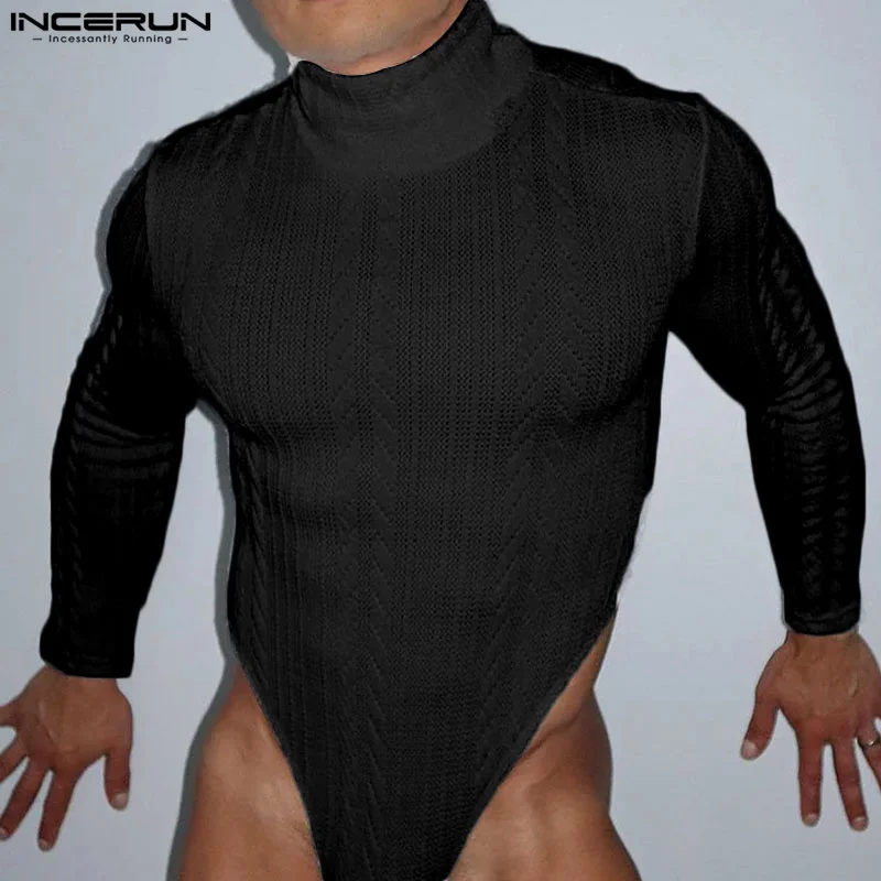 Men bodysuits solid color turtleneck long sleeve streetwear male rompers fitness sexy fashion casual bodysuit S-3XL INCERUN