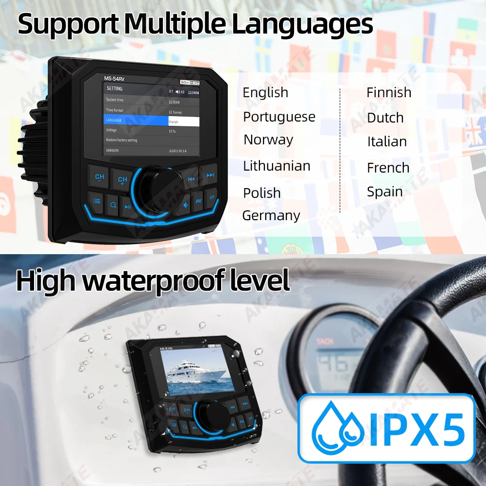MP5 Boat Radio Bluetooth FM AM EQ Marine Stereo Waterproof IPX5 AUX Square Black Universal Media Player for RV UTV ATV SPA RZR