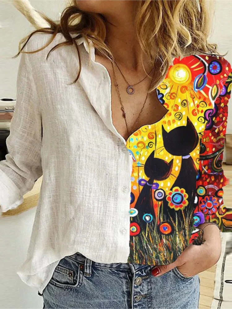 RIBONI Camicia da Donna con Risvolto Tinta Unita Stampa Splicing Moda