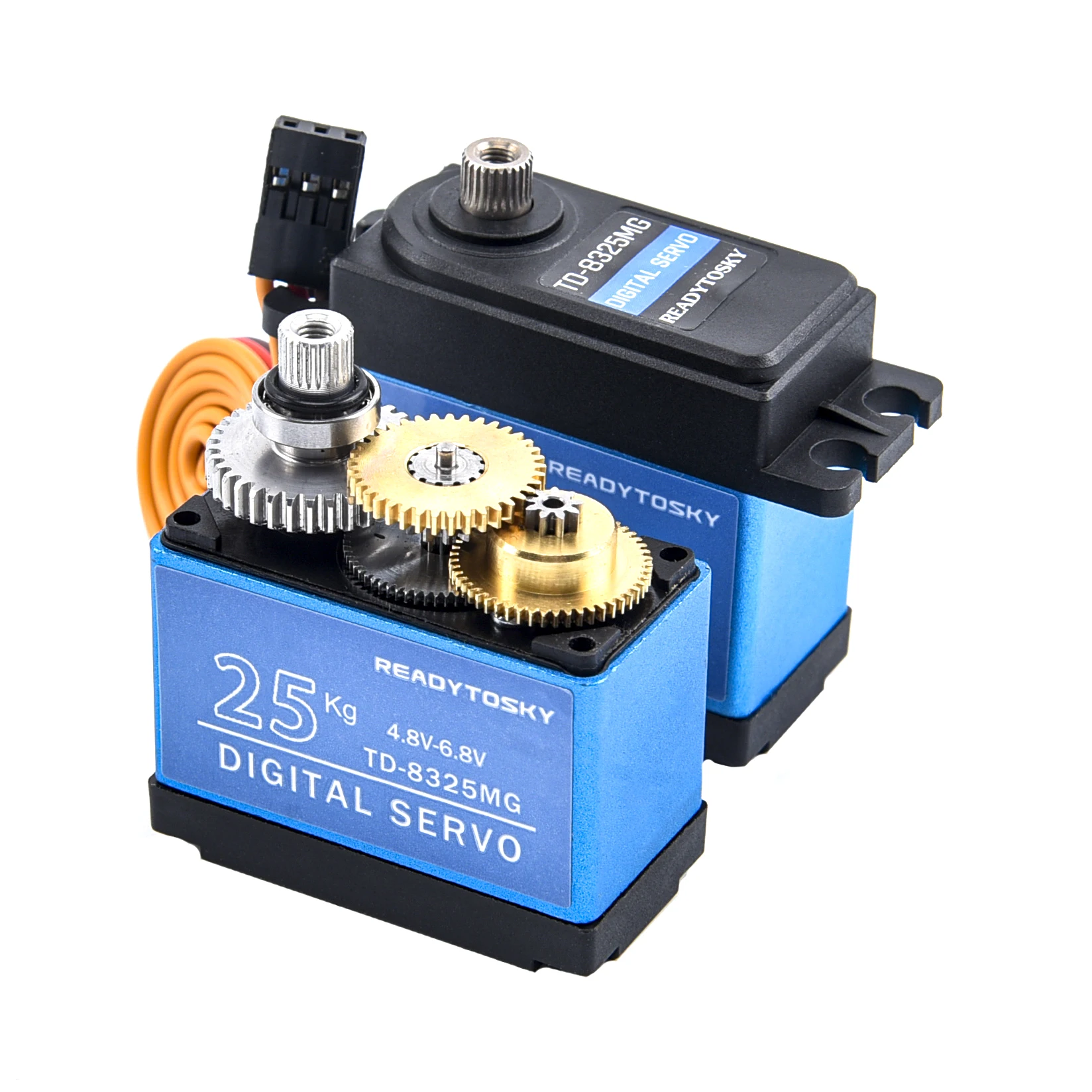 Servo moteur RC 30KG 35KG haute puissance avec bras 25T, présenté avec des engrenages métalliques et une finition noire.