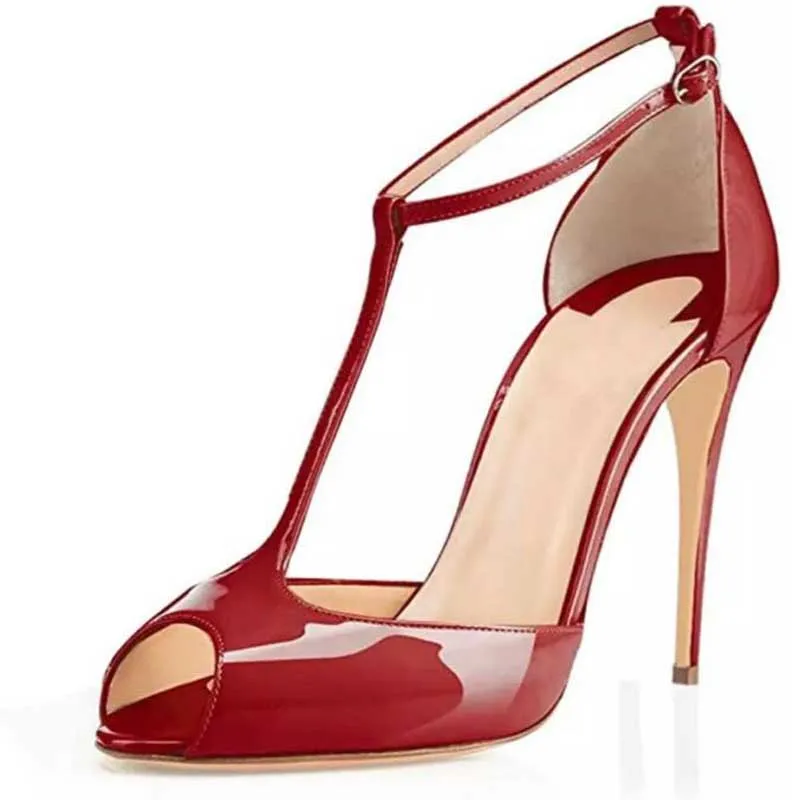 

summer Sexy buckle t- strap Peep Toe Stiletto Heel Pumps cutout Thin High Heels Woman Patent Leather banquet Dress Shoes