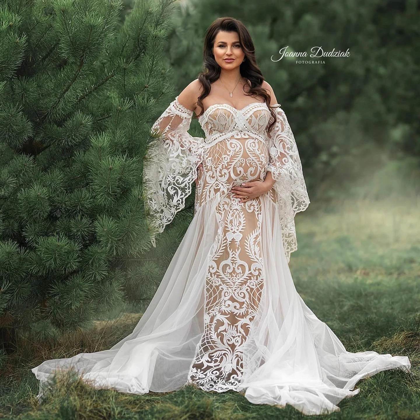 Bohemian Lace Maternity Robes for Photo Shoot Sweep Train Pregnant Women Dresses with Detachable Sleeves Sexy Babyshower Gowns