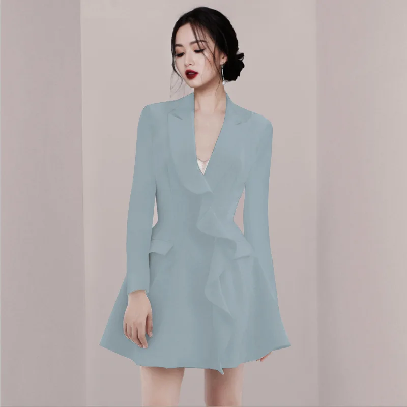

2023 Autumn Women's Blue Temperament Suit New Style Lapel Ruffle Waist Closing Slim Long Sleeve A-line Dress