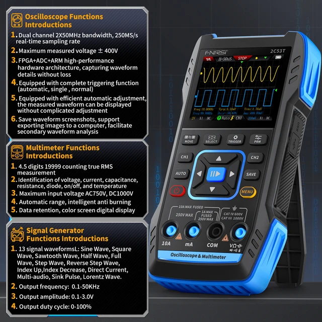 FNIRSI 2C53T Handheld Digital Oscilloscope Multimeter Signal Generator 50MHz 2