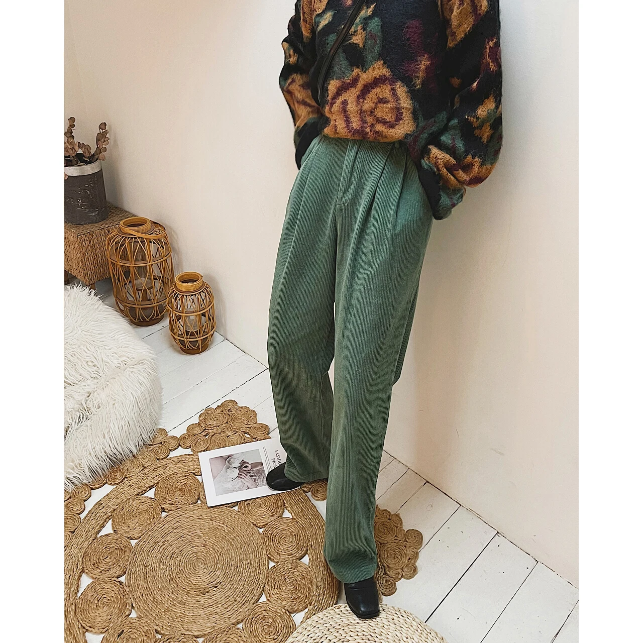 2022 Women Green Corduroy Wide Leg Cargo Pants Capri New Woman Y2k Trouser Suits Clothes Urban Vintage Sets Korean Fashion Jeans