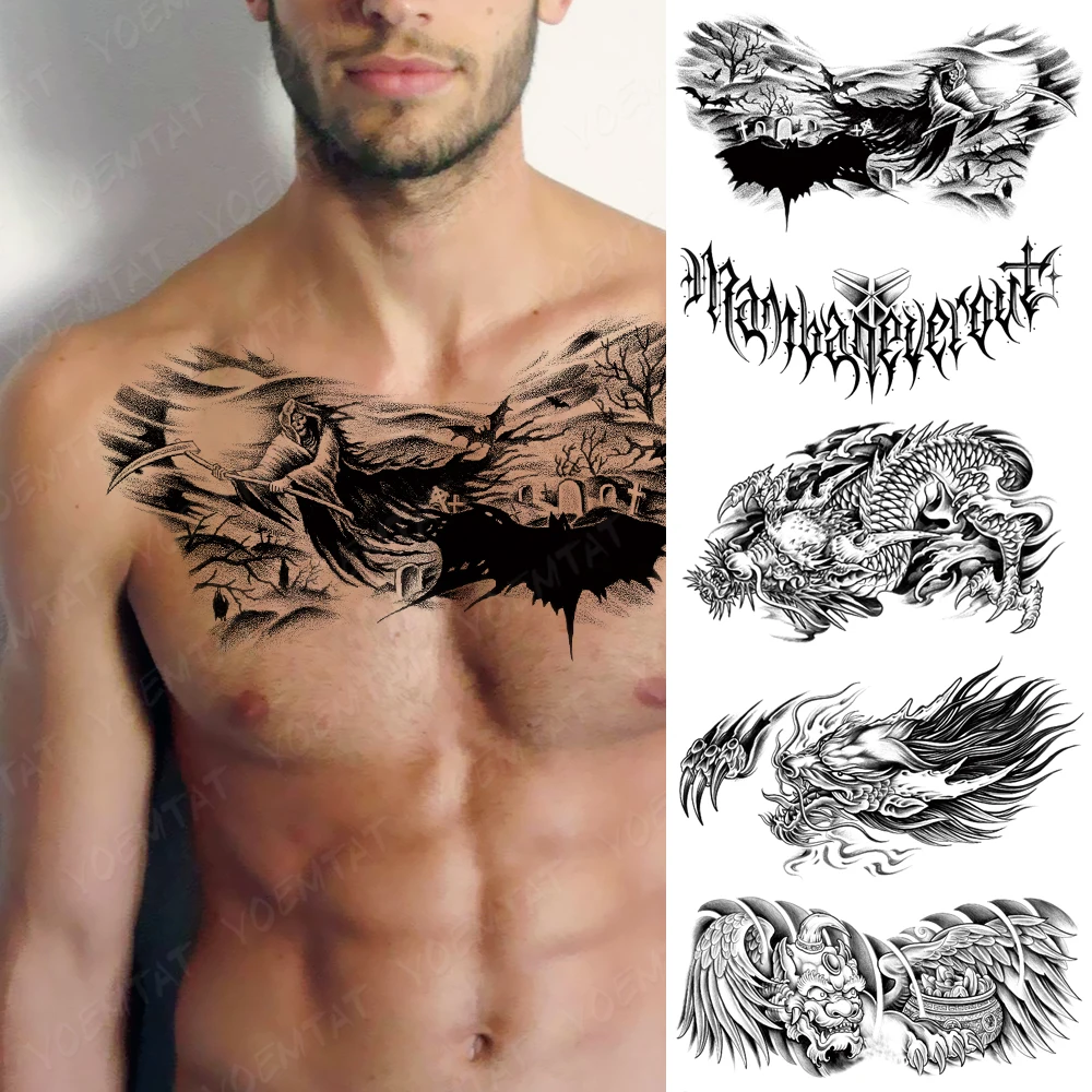 Large Chest Tatoo For Men Dark Death Bat Undead Spirit Waterproof Temporary Tattoo Sticker Waist Art Designs Women Fake Tattoos