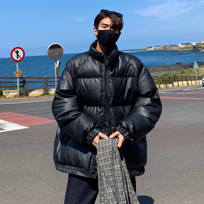 

Waterproof Pu Leather Men Winter Bubble Coat Outdoor Thick Snow Parkas Jacket Men's Loose Stand Collar Down Cotton Coat