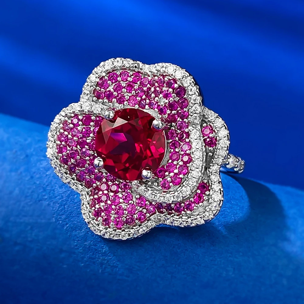 Wong Rain 100% 925 Sterling Silver Flower Ruby High Carbon