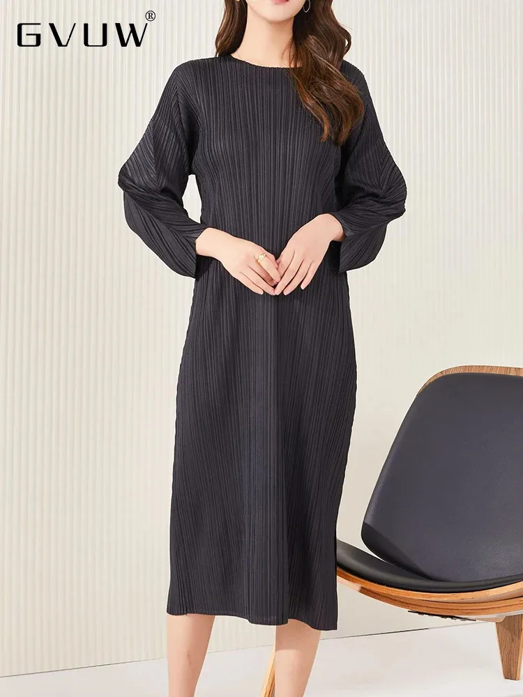 

Модное Плиссированное женское платье GVUW с круглым вырезом и длинным рукавом, новинка 2024, элегантные женские повседневные платья-пуловеры, 17G7399
