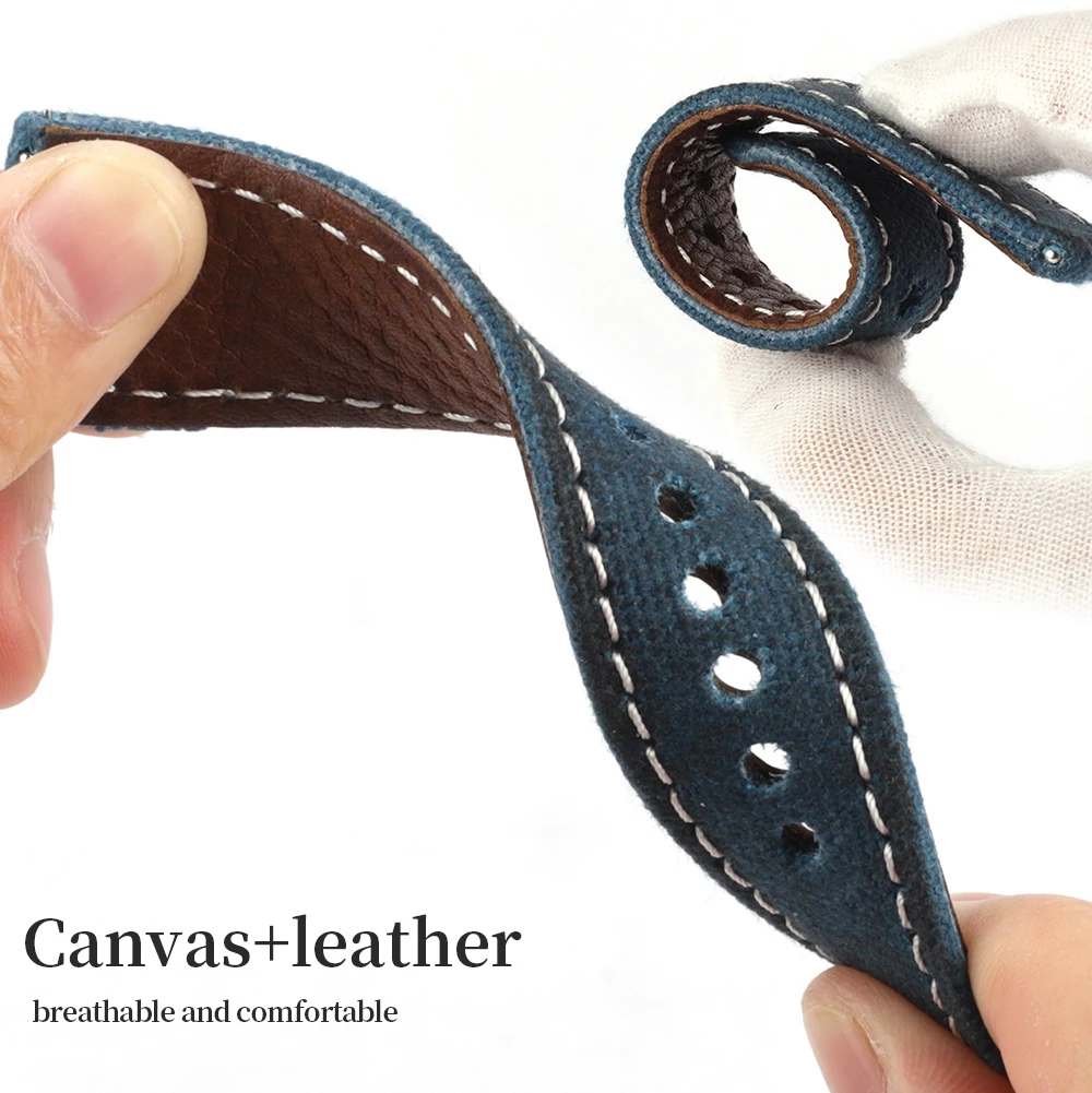 Genuine Leather Canvas Strap 20mm 24mm Handmade Wet Wax Canvas Watchband Stainless Steel Buckle Business Watch Band