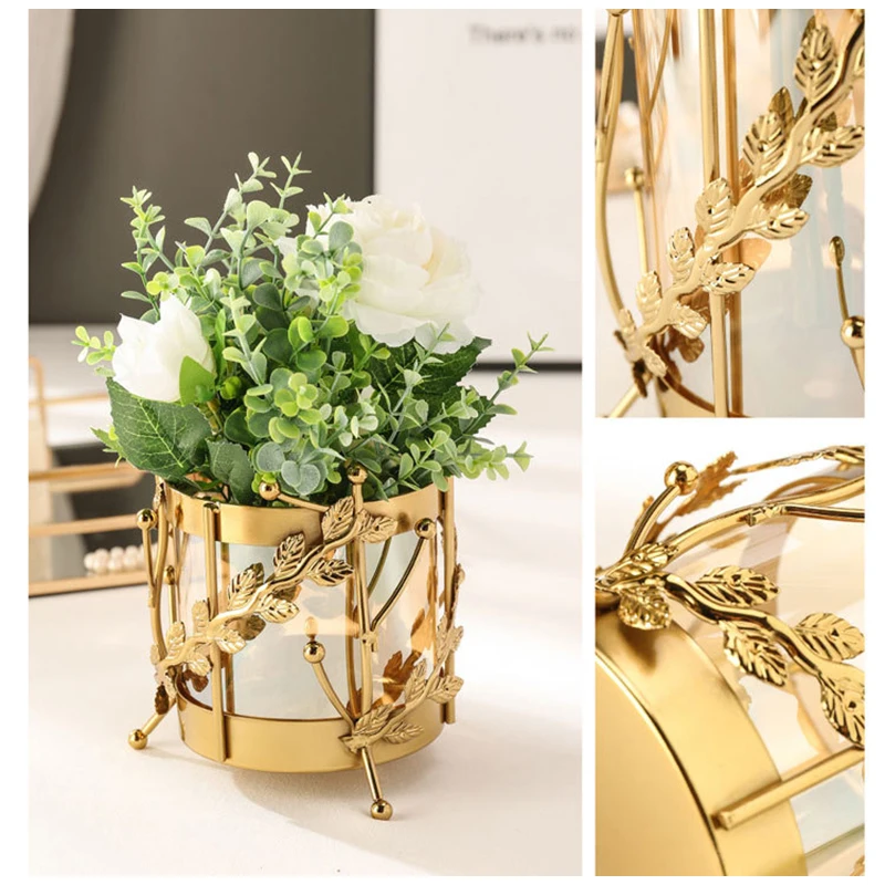 Luxury Metal Flower Vase, European Style, Glass Plant Pot, Wedding, Christmas, Living Room Dining Table Home Decoration Artwork 5
