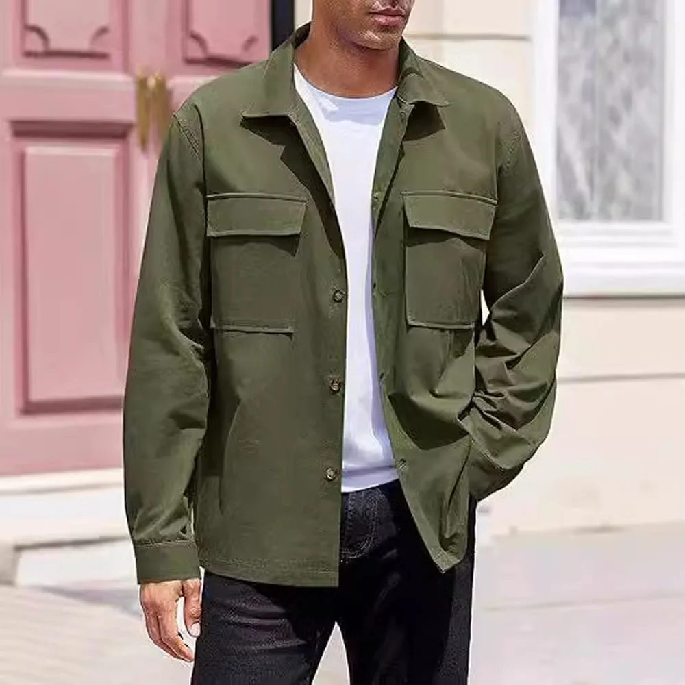 Casual Men Blouse Tops Autumn Spring Double Pocket Button Loose Solid Color Workwear Blouse Shirts YYCFS-250102004 1