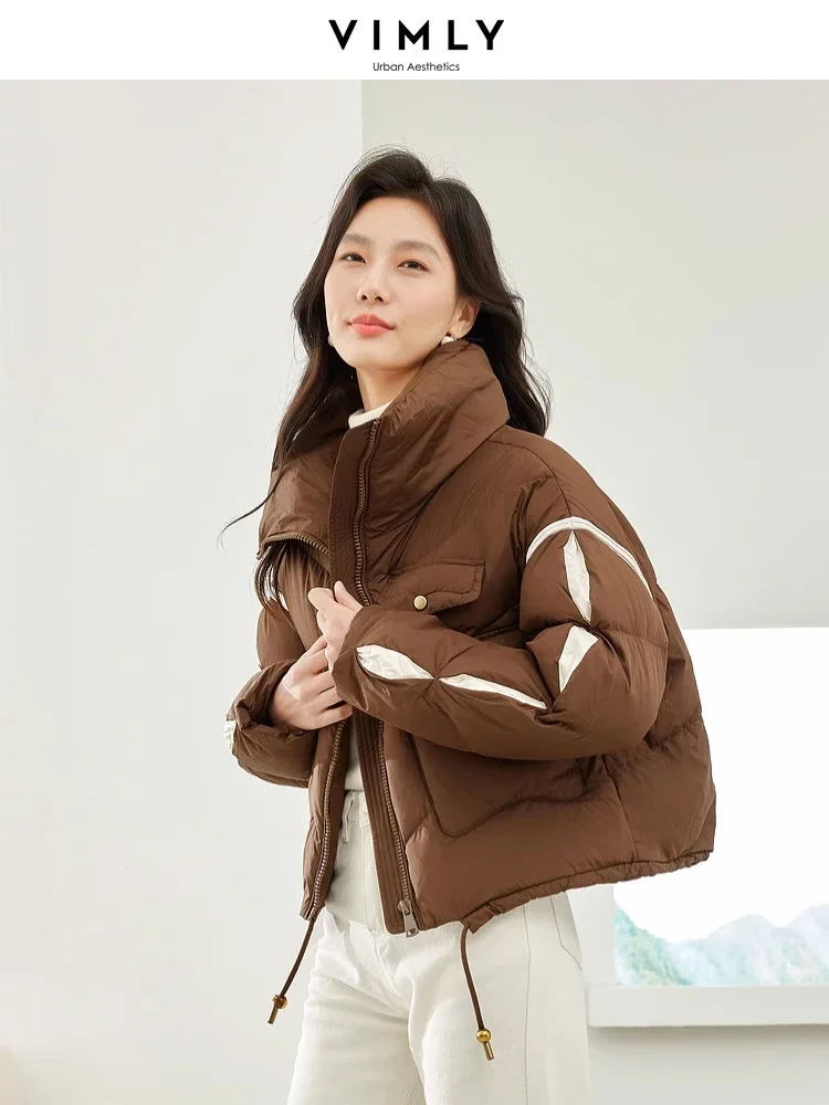 Vimly Contrast Spliced Cropped Down Coat Women 2023 Stand Collar Thick Warm Winter Women's Puffer Jacket Female Outerwear 50652