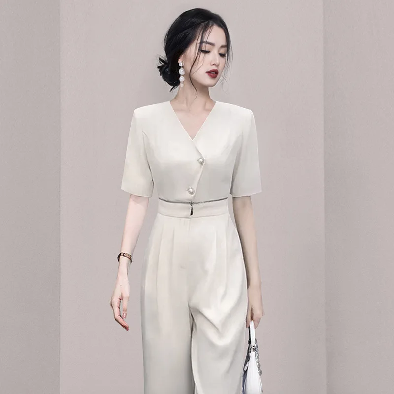 2023 Summer Elegant Office Casual Rompers Womens Jumpsuits Short Sleeve V Neck Zipper Sexy Jumpsuit Fashion Outweaer Clothes