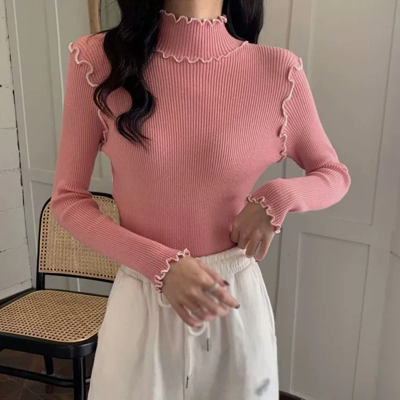 

Women Pullovers Autumn Winter Rolled Hem Short Top Half Turtleneck Slim Long Sleeve Sweater