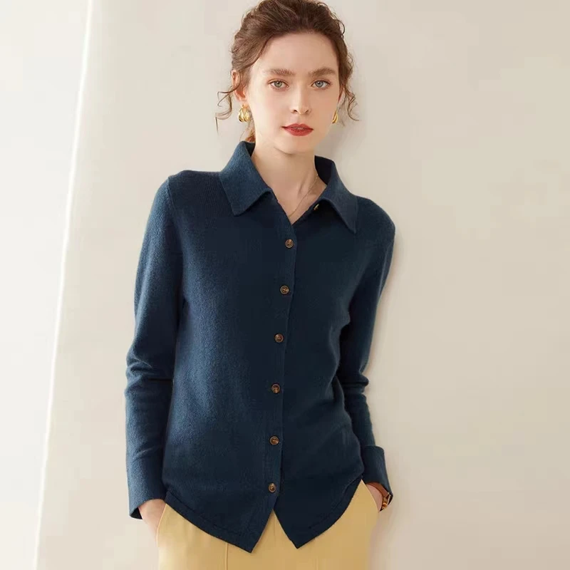 POLO Wool Collar Knitted Shirt Loose Long Sleeve Sweater Cardigan Temperament Lapel Coat Spring and Autumn