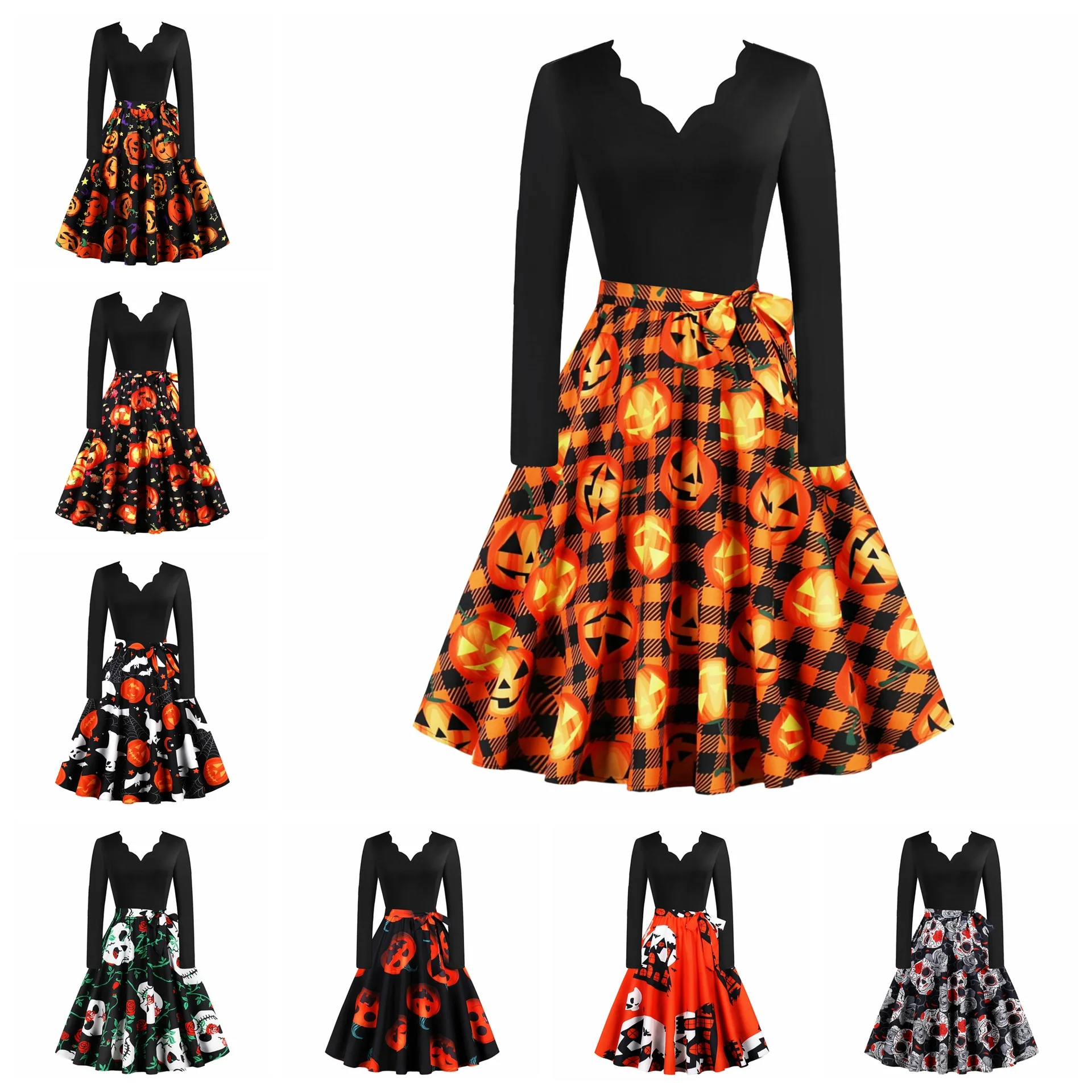 Print Gothic Christmas Costumes Women Long Sleeve Housewife Retro Elegant Party Prom Dress Xmas Cosplay Disfraces christmas costumes