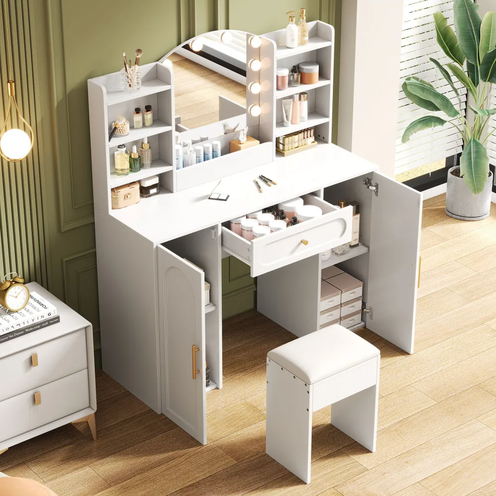 PINGGO Weißer Großer Schminktisch mit Verstellbarem LED-Spiegel Hocker 1 Schublade 2 Türen 110x40x132cm für Schlafzimmer – Detail 9