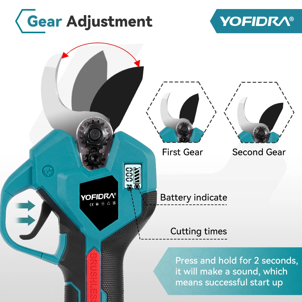 YOFIDRA Brushless Electric Pruner Shear 38mm, 2 Gears Cordless Tree Bonsai Pruning Electric Scissors For Makita 18V Battery Pin - Image 3