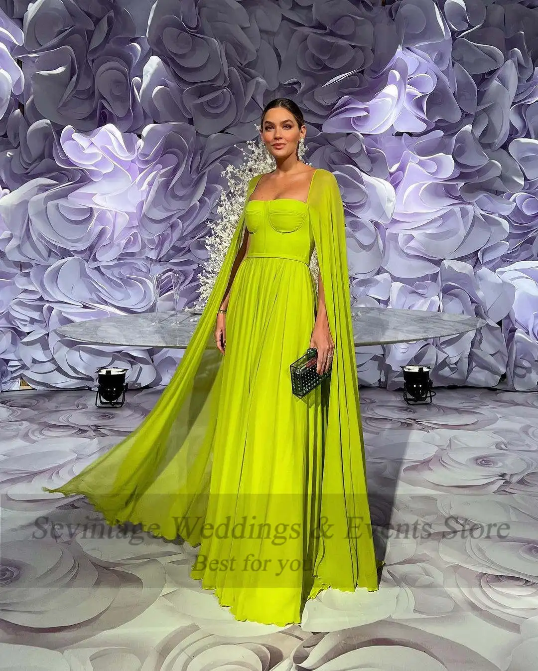 Women Prom Dresses Sevintage A Line Minit Green Chiffon Formal Prom Gowns Women Long Cap Sleeves Evening Party Dresses Buttons Back Event Dress