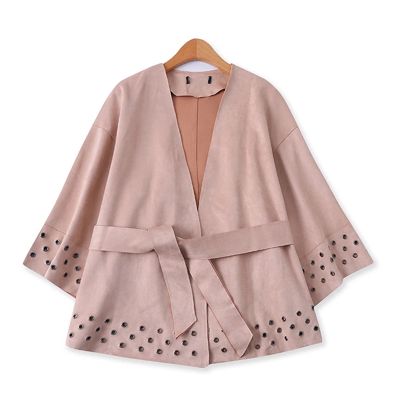 

Suede Coat Fashion Hollow Out Rivet Loose Long Sleeve Lace Up Top 12369