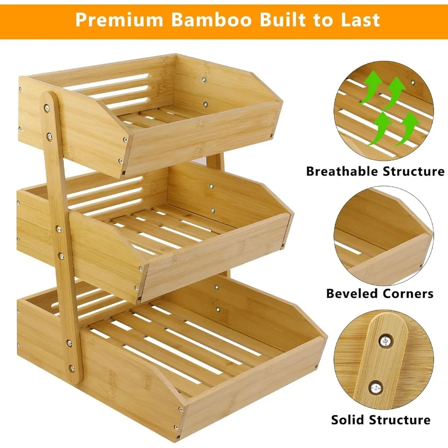 Fruit Basket for Kitchen Counter 3 Tier Fruit Stand Fruit Vegetable Storage Basket Fruit Bowl for Kitchen Counter Large Bamboo
