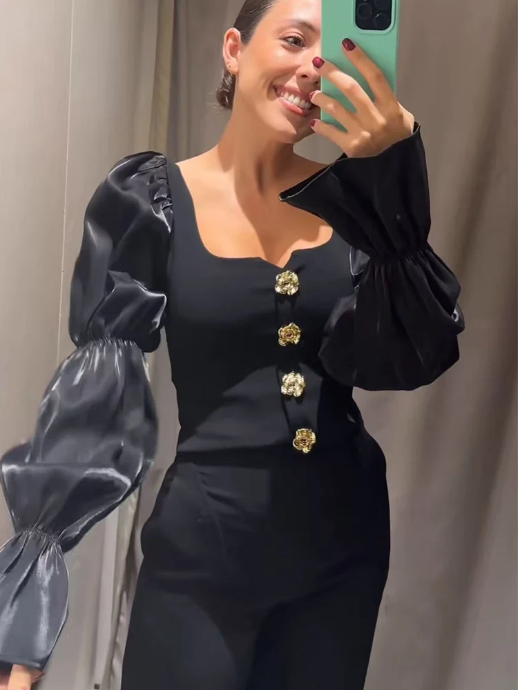 2025 Autumn New Women Elegant Black Spliced Top Fashion Square Neck Floral Buttons Fashionable Slim Fit Puff Sleeve Shirt Women