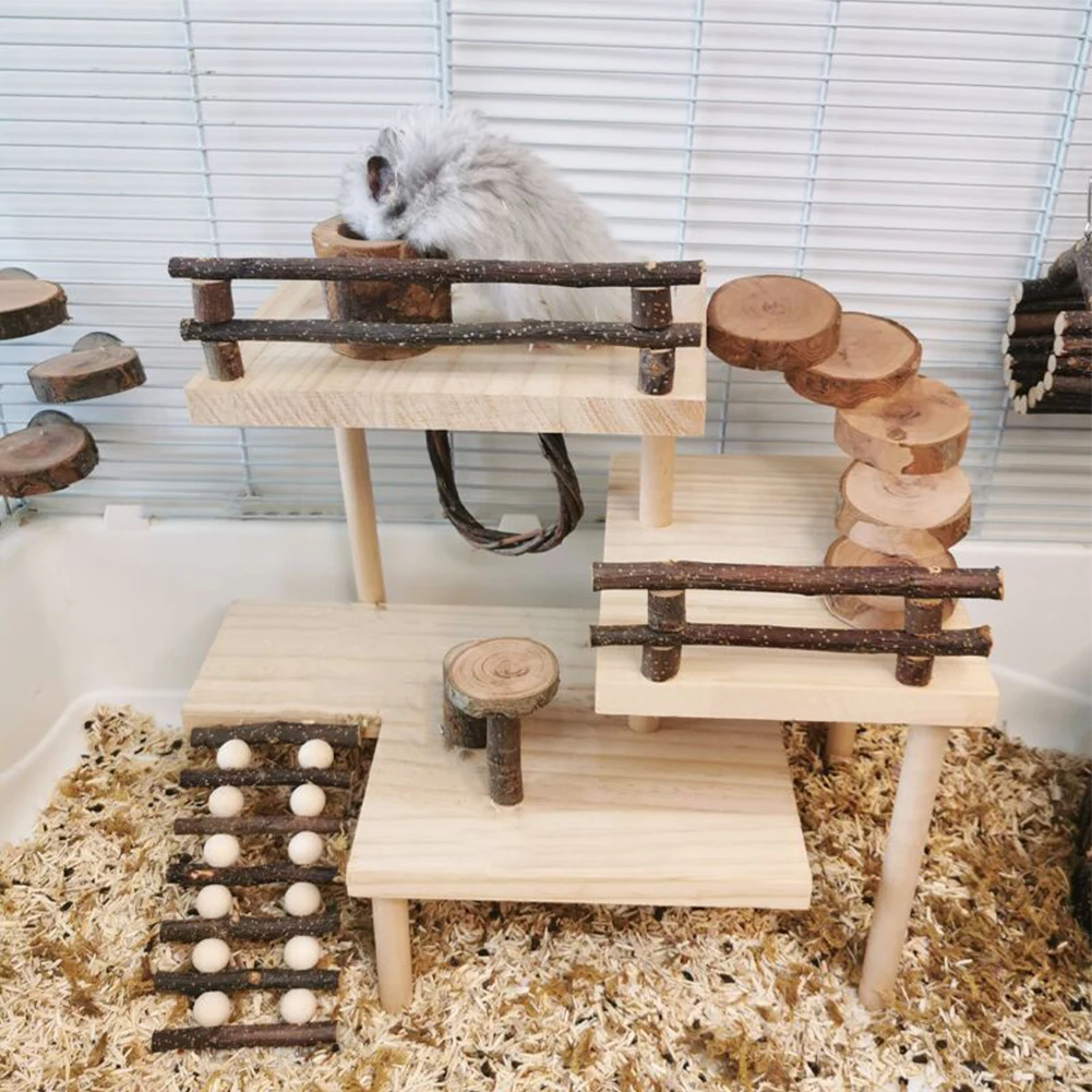 Wooden Hamster Platform with Fence Climbing Ladder 3 Tier Handmade Guinea Pig Playground Small Animals Exercise Activity Toy hamster supplies hamster cage toy