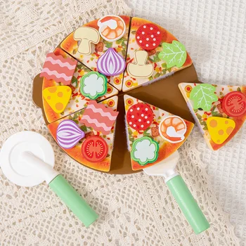 Wooden Simulated Cutting Pizza Pretend Play Toy Educational Kitchen Cooking House Color Recognition Game for Kids 2 Years Gift 1