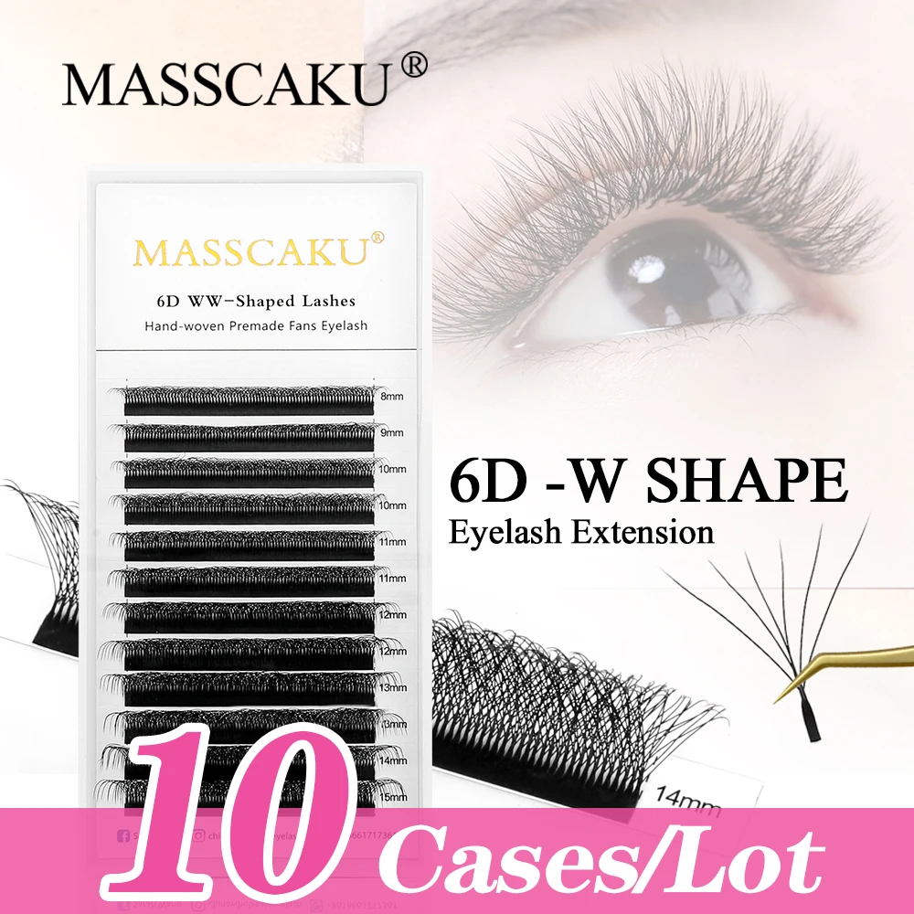 

10cases/lot MASSCAKU W Shape Matte Black Eyelashes Extension Light Soft Full Fluffy Super Premade Volume Lashes