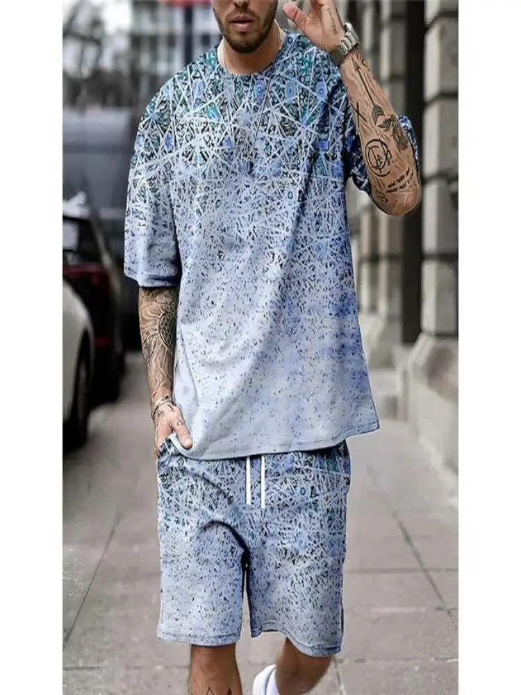 

Men's Geometric Print Casual Wear Crew Neck Short Sleeve T-shirt and Stretch Waist Shorts Set Perfect for a Spring/summer Beach