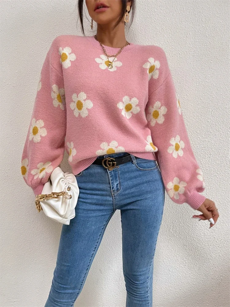 

Autumn Winter Women Knitted Sweater Long Sleeve Pink Casual Elegant Flowers Print O Neck Oversize Pullover Sweater Warm Jumper
