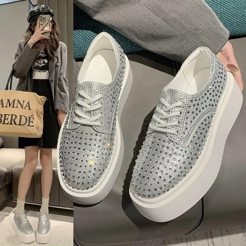 

New 2024 Autumn Women Platform Shoes rhinestones Thick-soled Silver Shoes Shining Crystal Sneakers Trend Casual Sneakers
